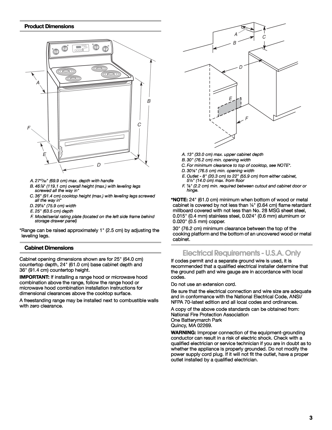 Amana W10196158B Electrical Requirements - U.S.A. Only, Product Dimensions, Cabinet Dimensions, A C B D 