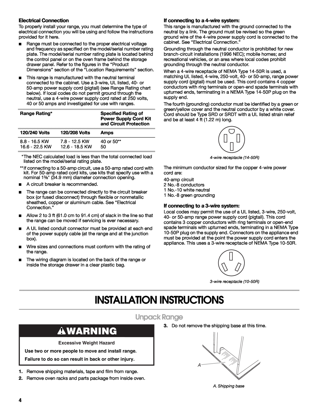 Amana W10196158B Installation Instructions, Unpack Range, Electrical Connection, If connecting to a 4-wire system 