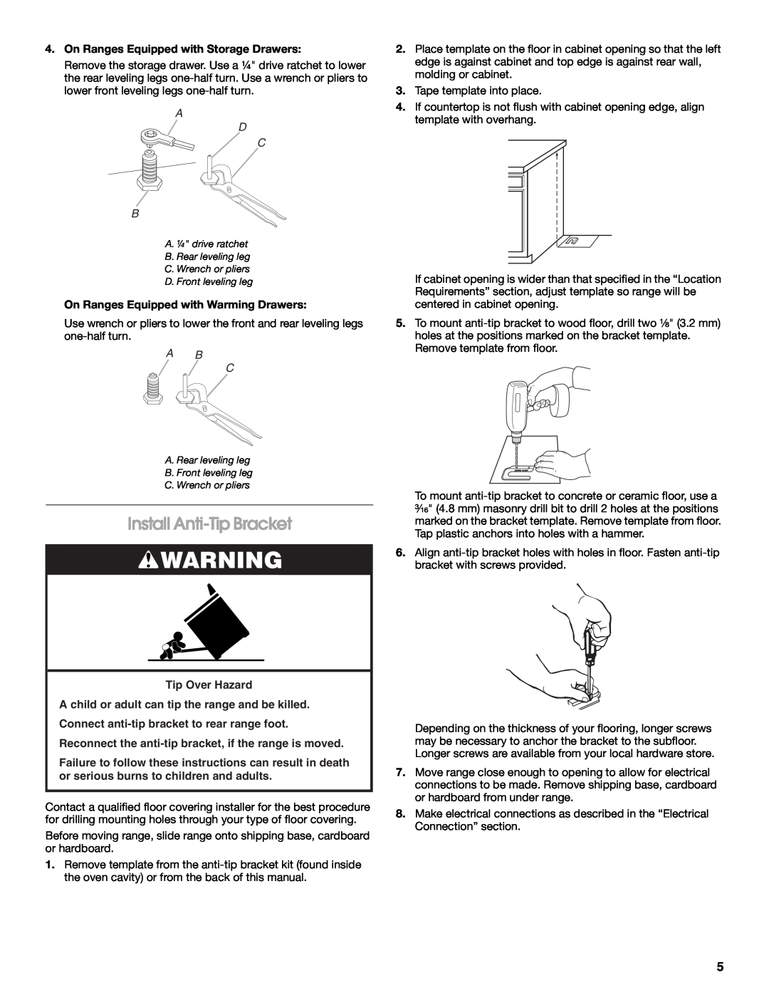 Amana W10196158B Install Anti-Tip Bracket, A D C B, A B C, Connect anti-tip bracket to rear range foot 