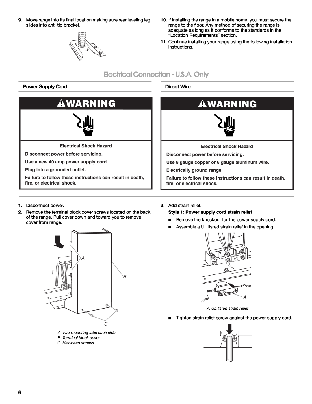 Amana W10196158B installation instructions Electrical Connection - U.S.A. Only, Power Supply Cord, Direct Wire, A B A 