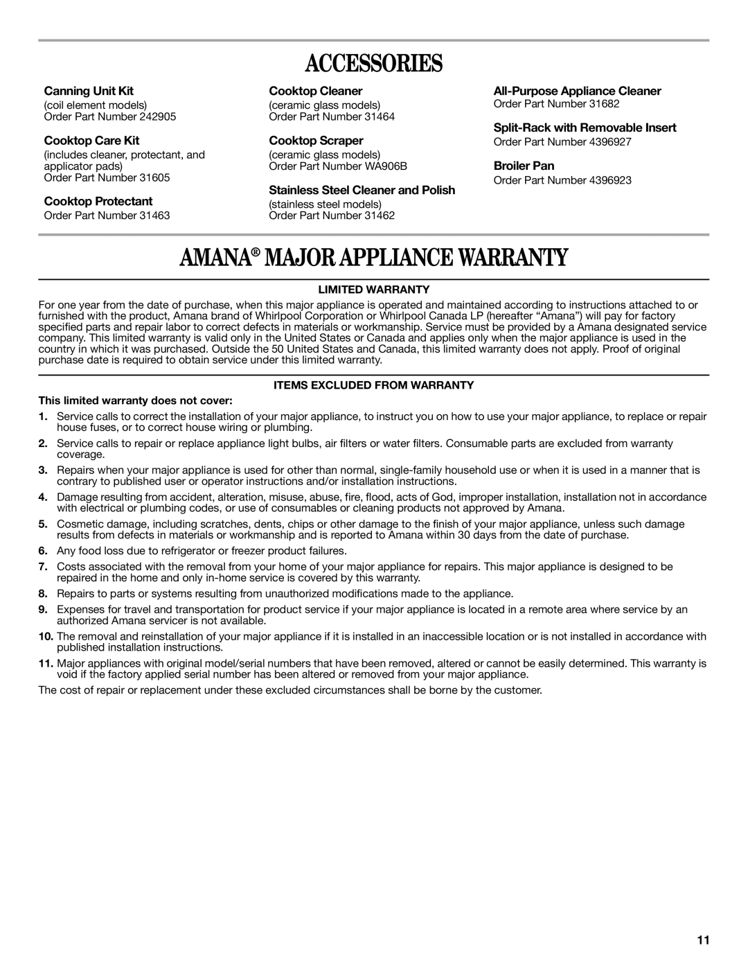 Amana W10196164B warranty Accessories, Amana Major Appliance Warranty 