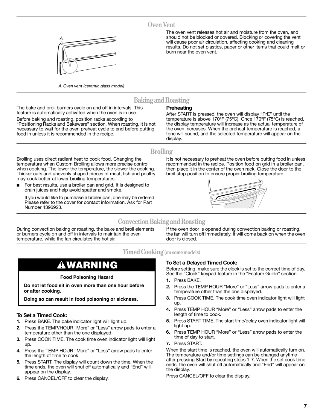 Amana W10196164B warranty Oven Vent, Broiling, Convection BakingandRoasting 