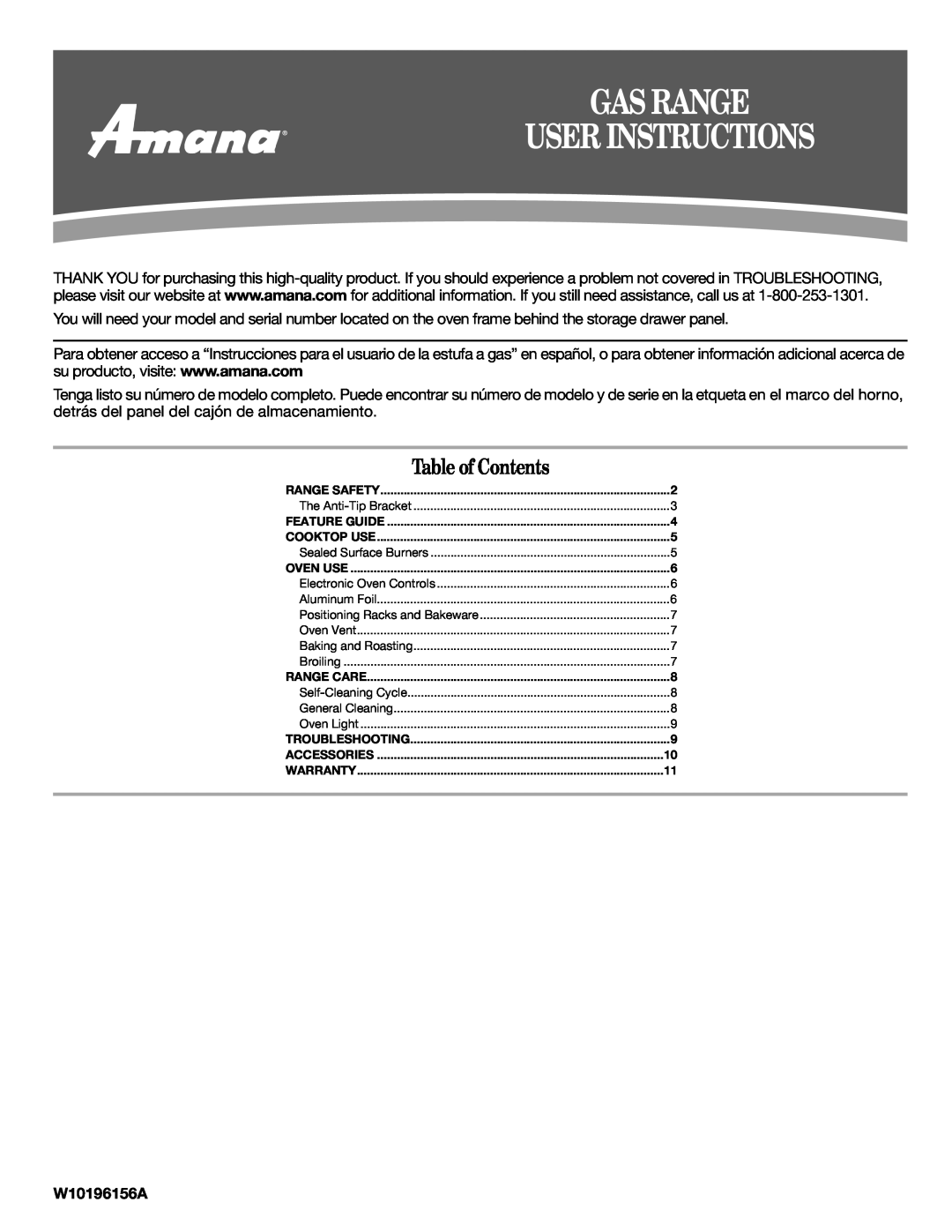Amana W10196156A, W10204508A warranty Gas Range User Instructions, Table of Contents 