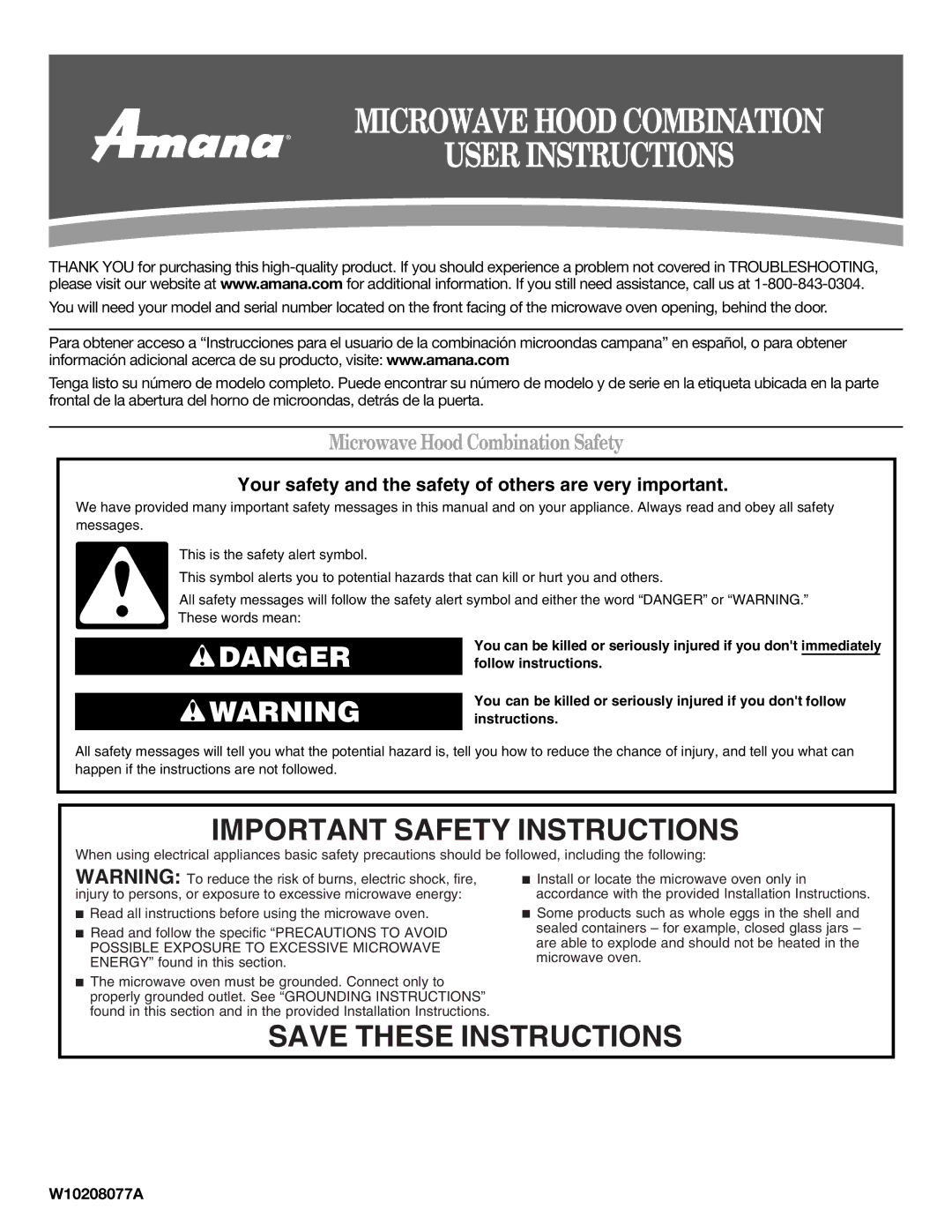 Amana W10208081A important safety instructions Microwave Hood Combination Safety, W10208077A 