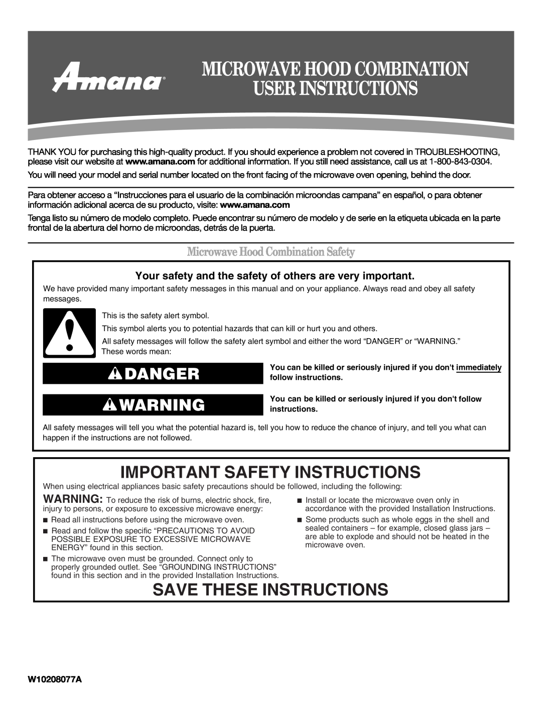 Amana W10208081A important safety instructions Important Safety Instructions, Save These Instructions, W10208077A, Danger 