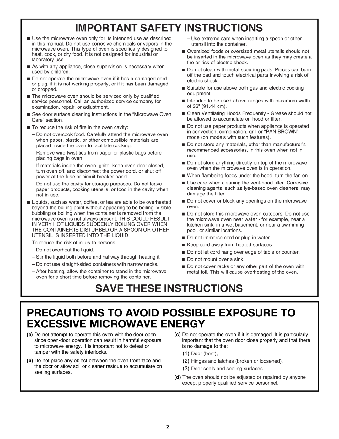 Amana W10208077A Precautions To Avoid Possible Exposure To Excessive Microwave Energy, Important Safety Instructions 