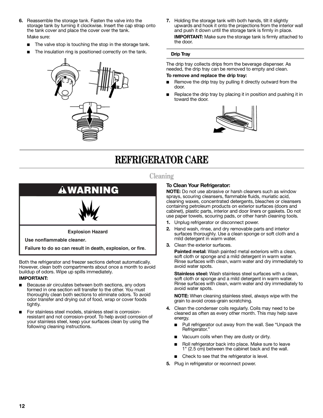 Amana W10211609A Refrigerator Care, Cleaning, To Clean Your Refrigerator, Drip Tray, To remove and replace the drip tray 