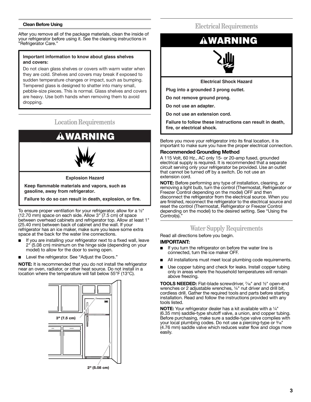 Amana W10211588A LocationRequirements, Electrical Requirements, Water Supply Requirements, Recommended Grounding Method 