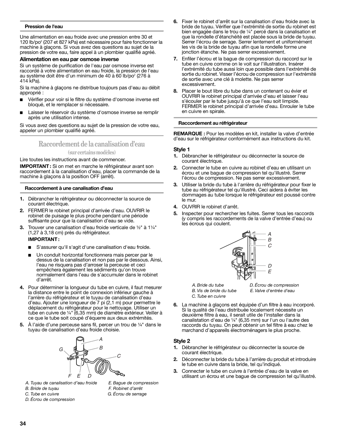 Amana W10211609A Raccordement de la canalisation d’eau, Surcertainsmodèles, Alimentation en eau par osmose inverse 