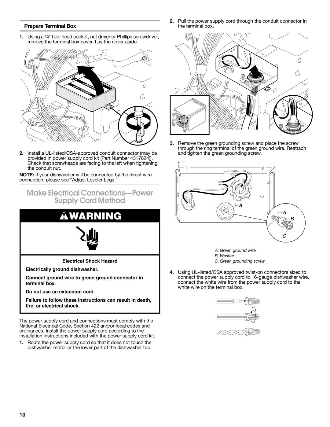 Amana W10212195A, W10245579A Make Electrical Connections-Power Supply Cord Method, Prepare Terminal Box 