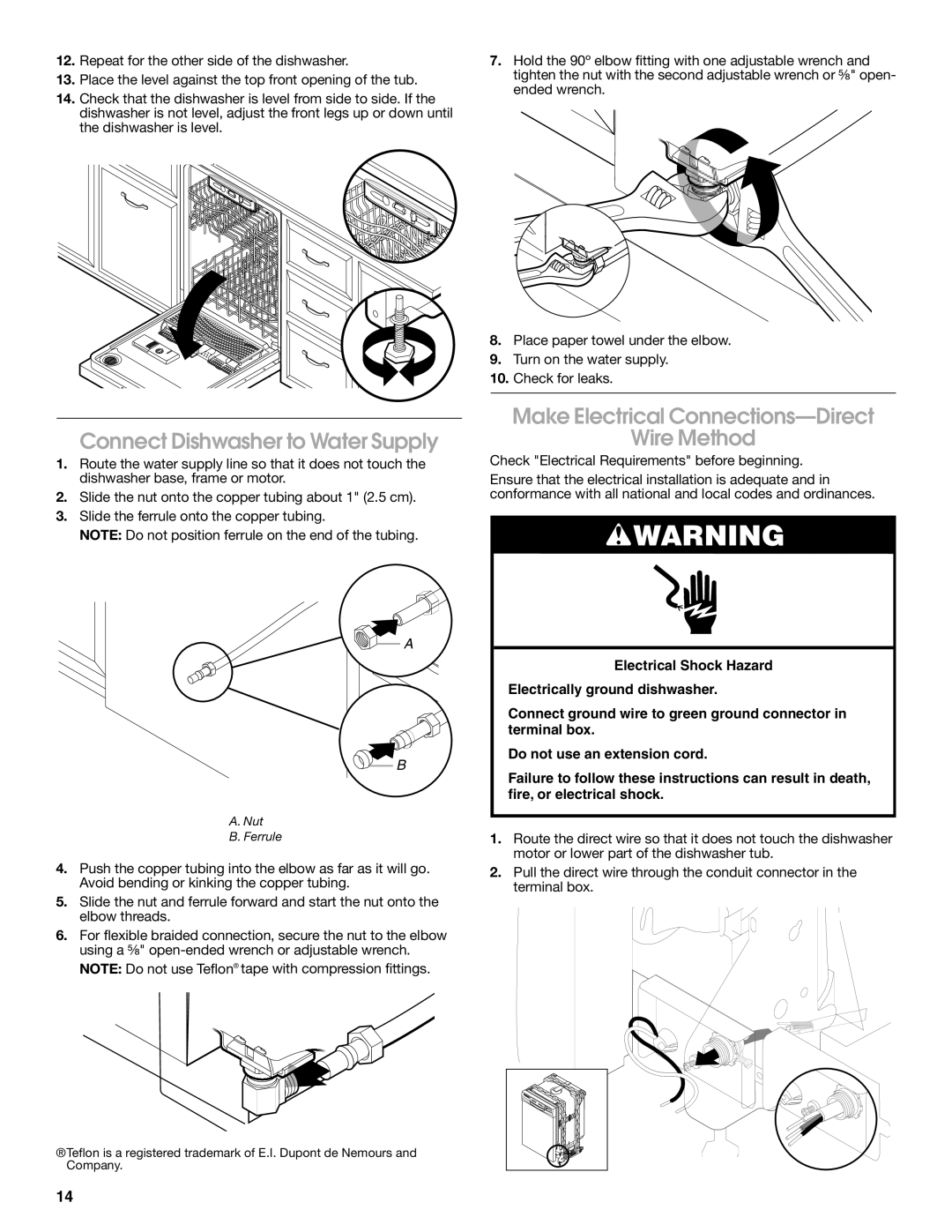 Amana W10212195A, W10245579A Connect Dishwasher to Water Supply, Make Electrical Connections-Direct Wire Method 