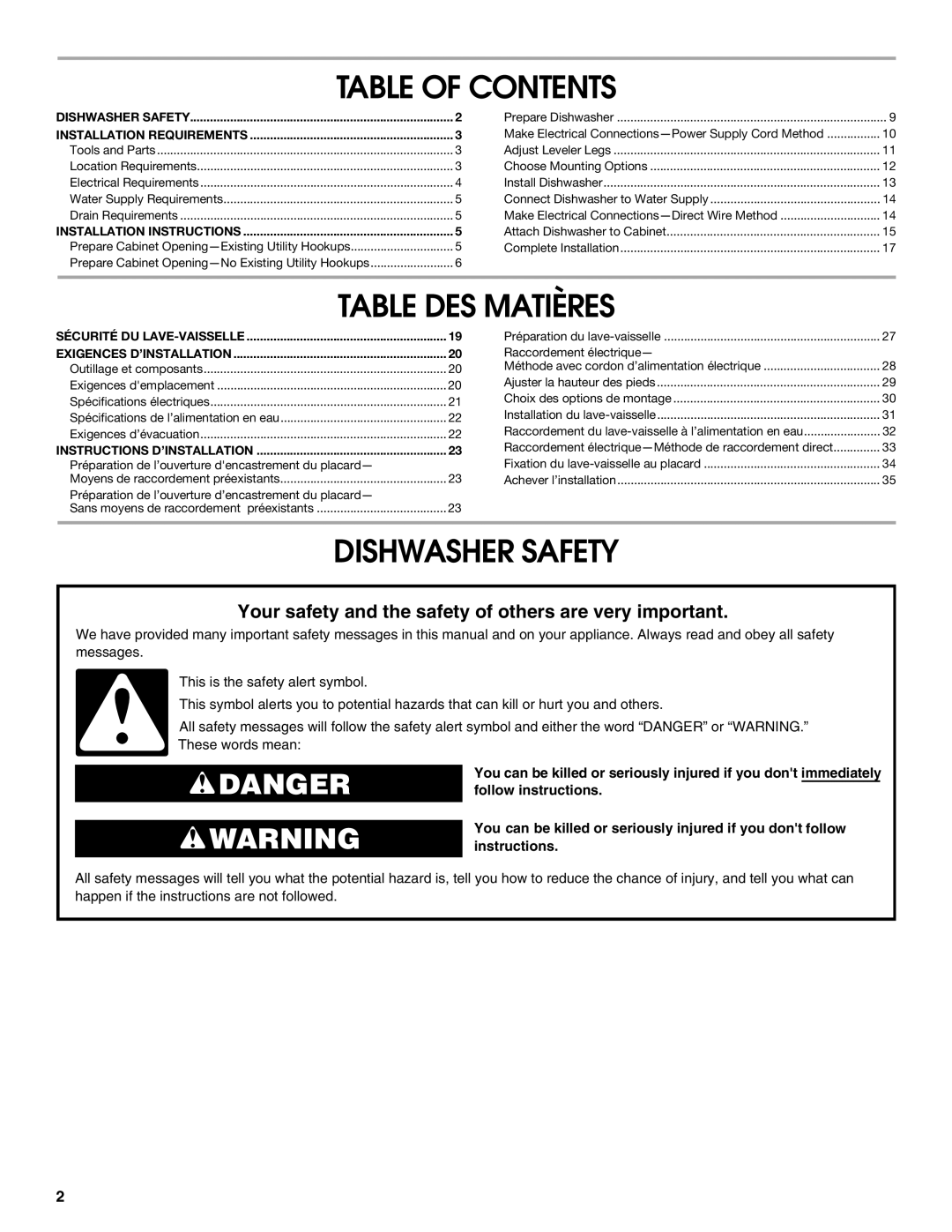 Amana W10212195A, W10245579A installation instructions Table of Contents, Table DES Matières, Dishwasher Safety 