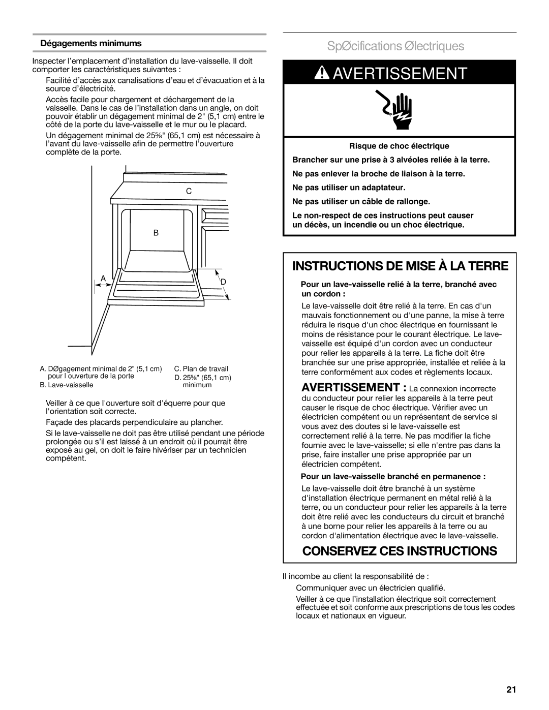 Amana W10245579A, W10212195A installation instructions Spécifications électriques, Dégagements minimums 