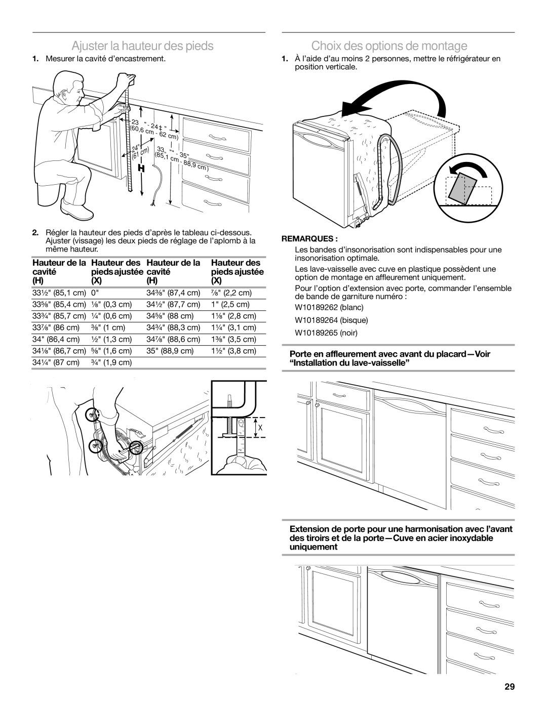 Amana W10245579A, W10212195A installation instructions Ajuster la hauteur des pieds Choix des options de montage 