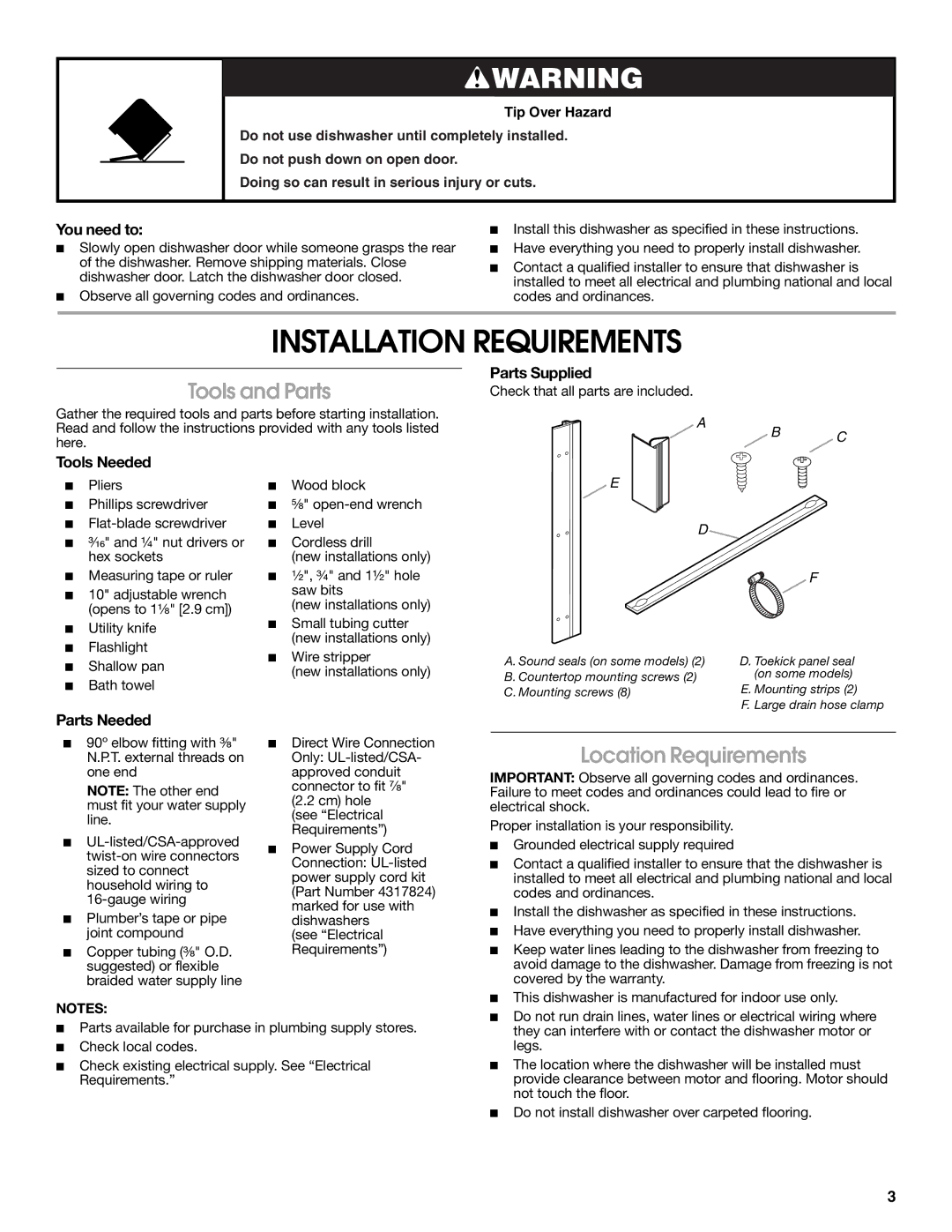 Amana W10245579A, W10212195A installation instructions Installation Requirements, Tools and Parts, Location Requirements 