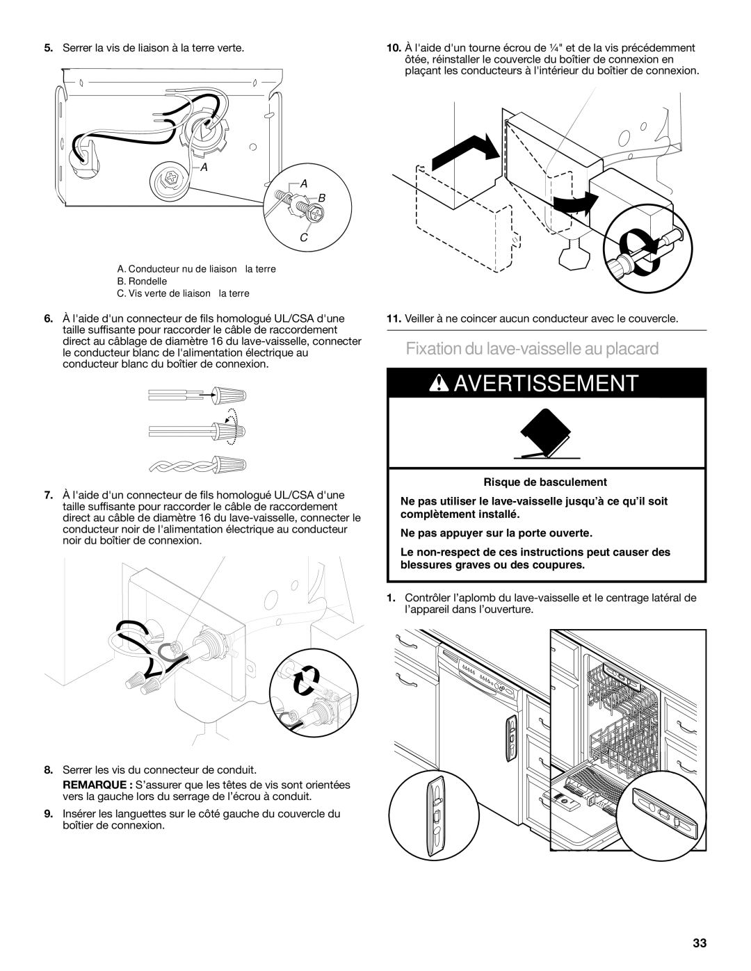 Amana W10245579A, W10212195A installation instructions Fixation du lave-vaisselle au placard 