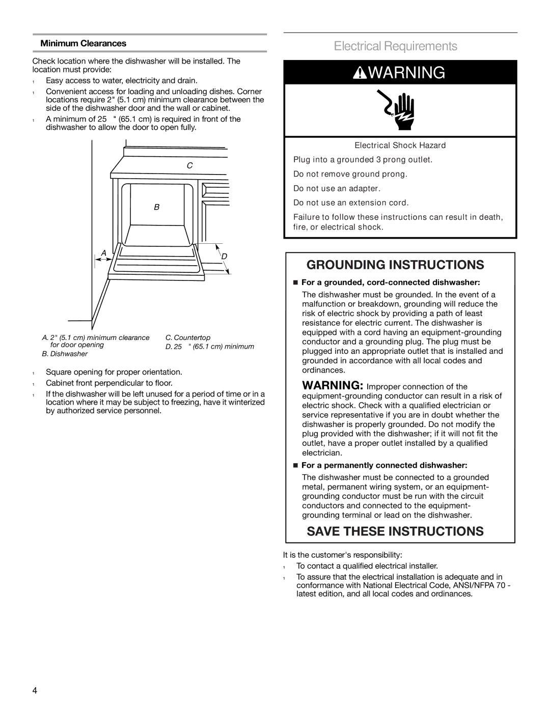 Amana W10212195A, W10245579A installation instructions Electrical Requirements, Minimum Clearances 