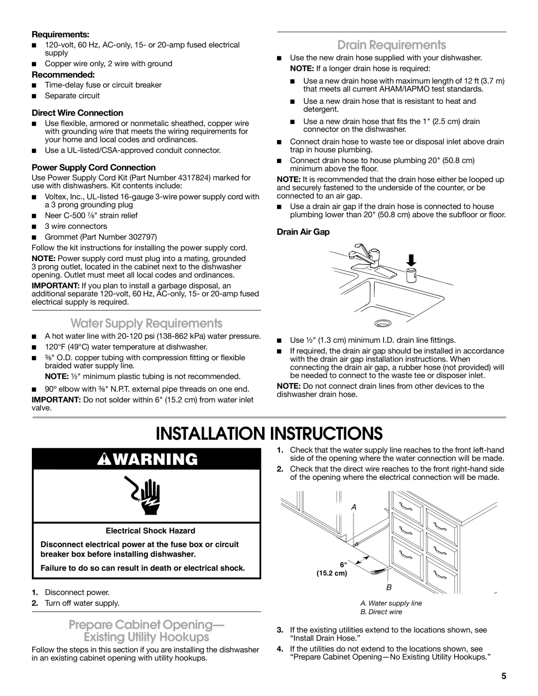 Amana W10245579A, W10212195A Installation Instructions, Water Supply Requirements, Drain Requirements 