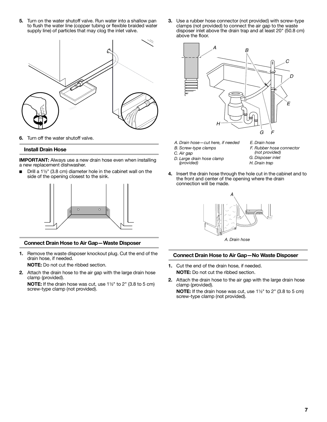 Amana W10245579A, W10212195A installation instructions Install Drain Hose, Connect Drain Hose to Air Gap-Waste Disposer 