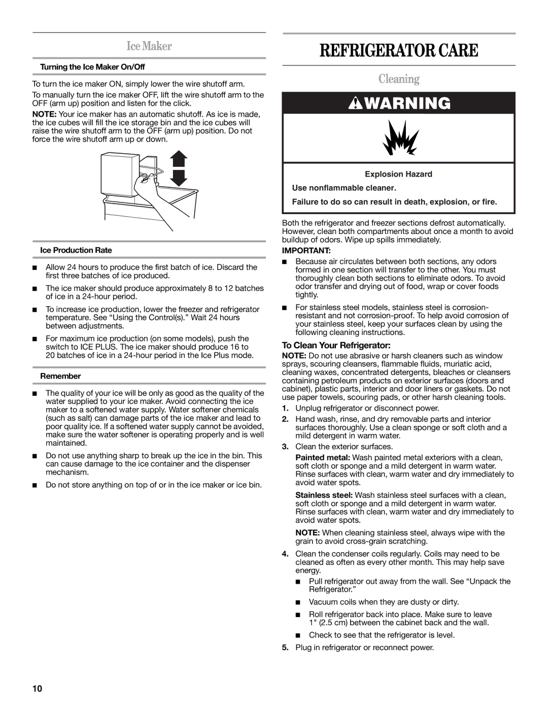 Amana W10214254A installation instructions Refrigerator Care, Ice Maker, Cleaning, To Clean Your Refrigerator 