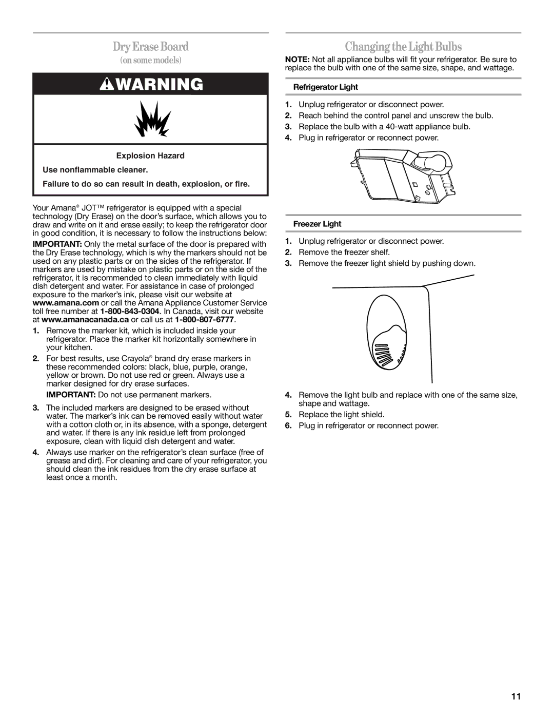 Amana W10214254A installation instructions Dry Erase Board, Changing the Light Bulbs, Refrigerator Light, Freezer Light 