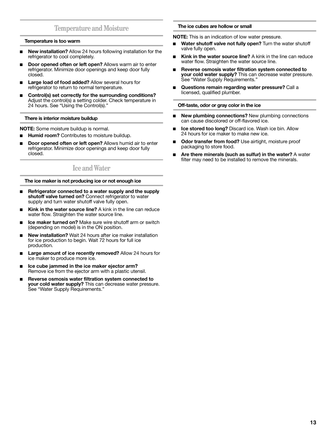 Amana W10214254A installation instructions Temperature and Moisture, Iceand Water, Temperature is too warm 