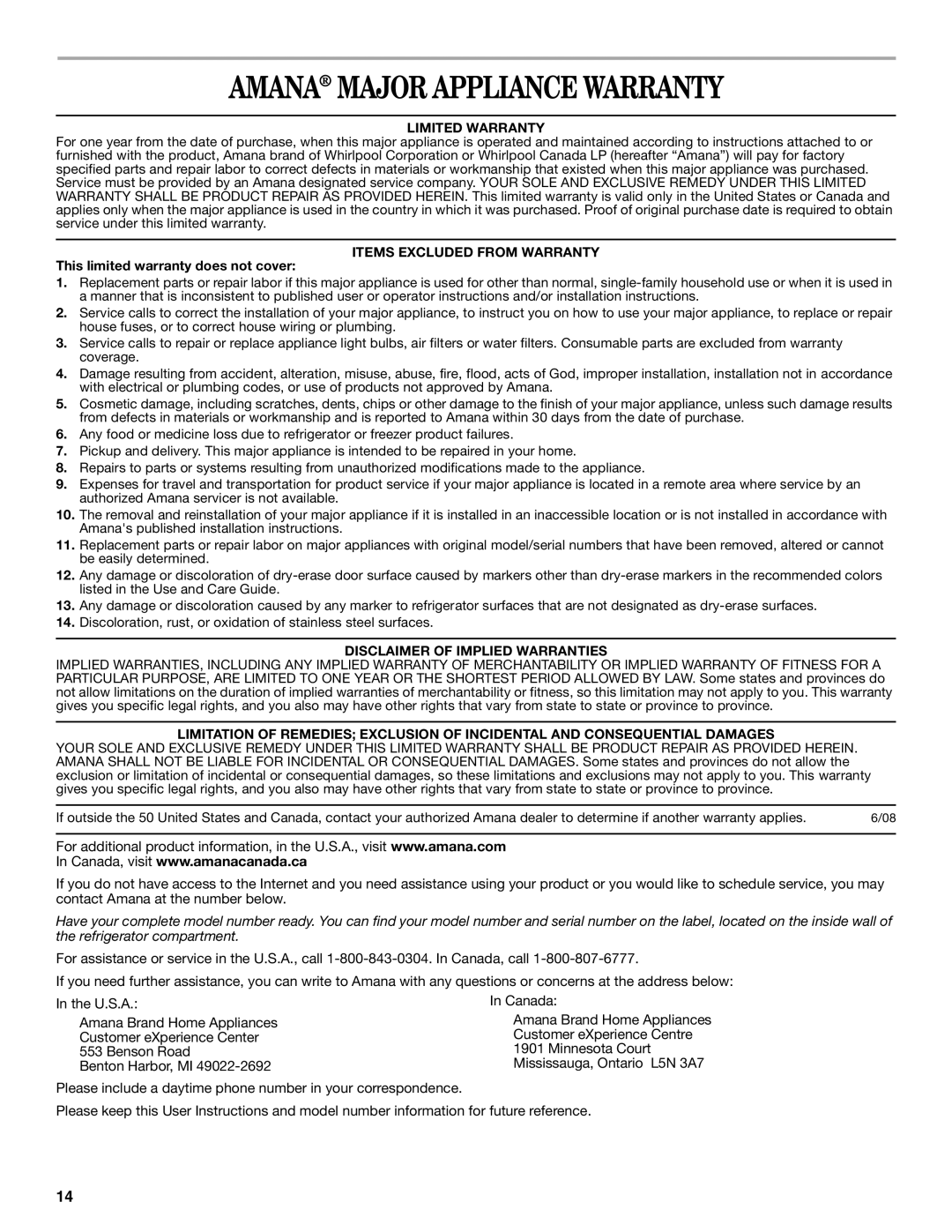 Amana W10214254A installation instructions Amana Major Appliance Warranty, Limited Warranty, Items Excluded from Warranty 