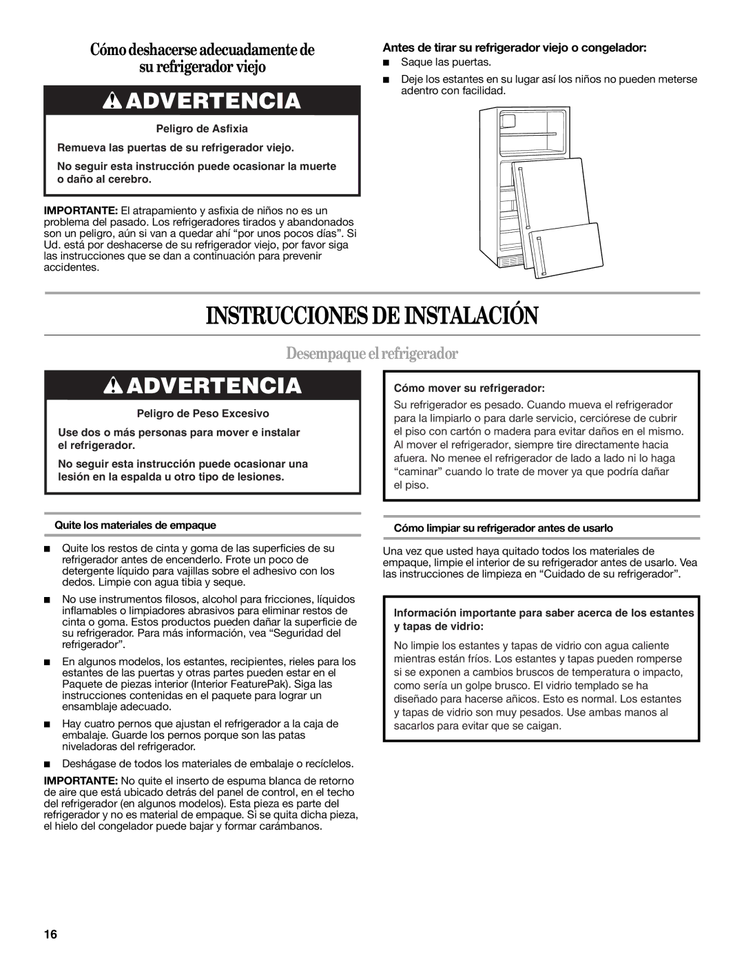 Amana W10214254A installation instructions Instrucciones DE Instalación, Desempaque el refrigerador 