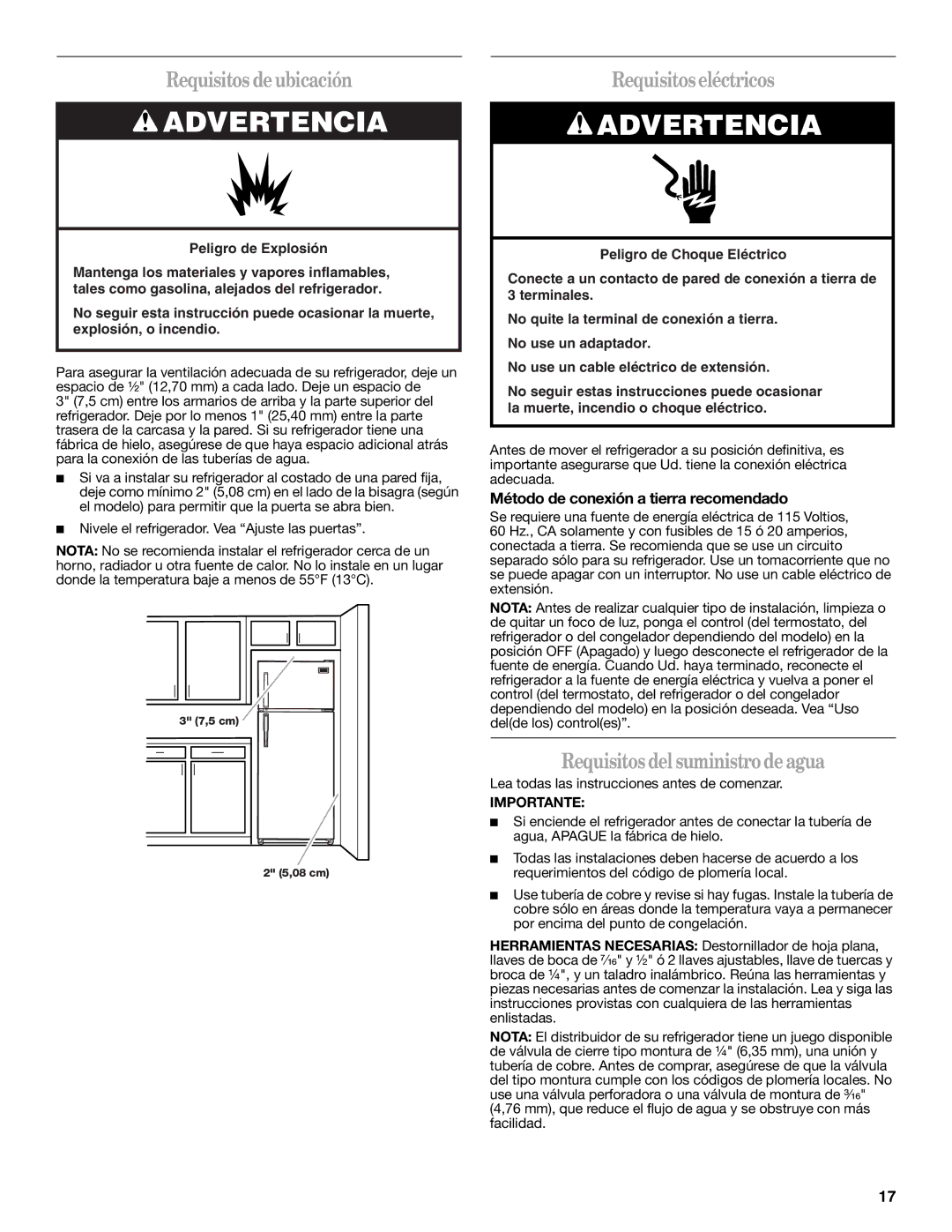 Amana W10214254A Requisitos de ubicación, Requisitos eléctricos, Requisitos del suministro de agua, Importante 