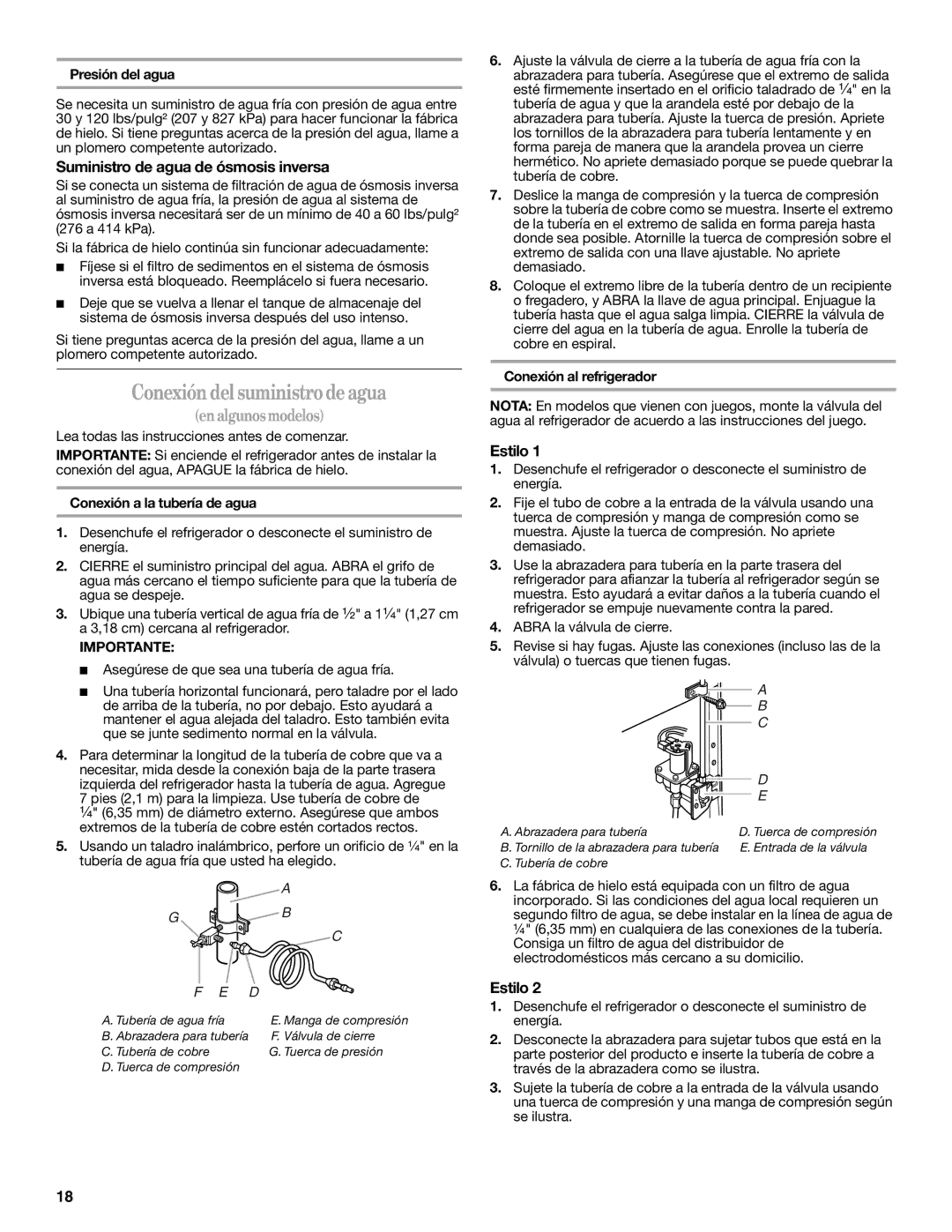 Amana W10214254A installation instructions Conexión del suministro de agua, Suministro de agua de ósmosis inversa, Estilo 