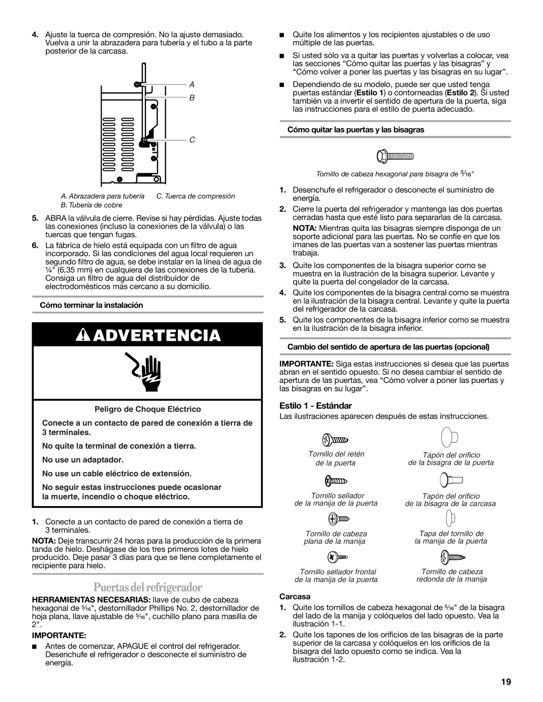 Amana W10214254A installation instructions Puertas del refrigerador, Estilo 1 Estándar 