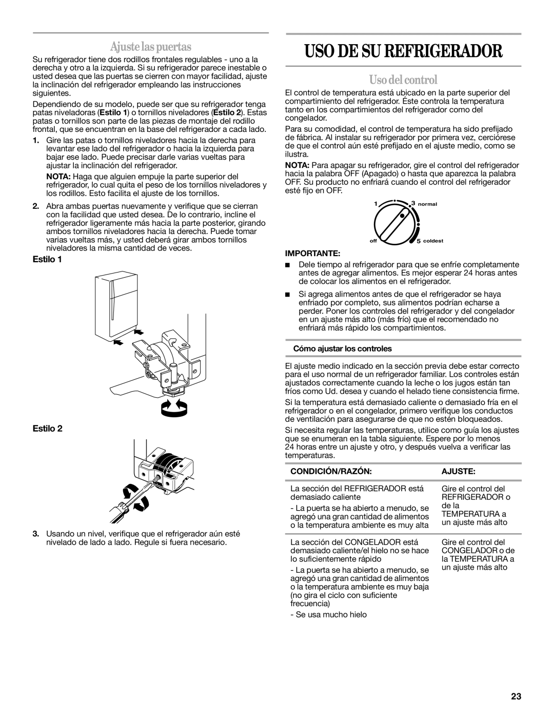 Amana W10214254A Ajustelas puertas, Uso del control, Cómo ajustar los controles, CONDICIÓN/RAZÓN Ajuste 