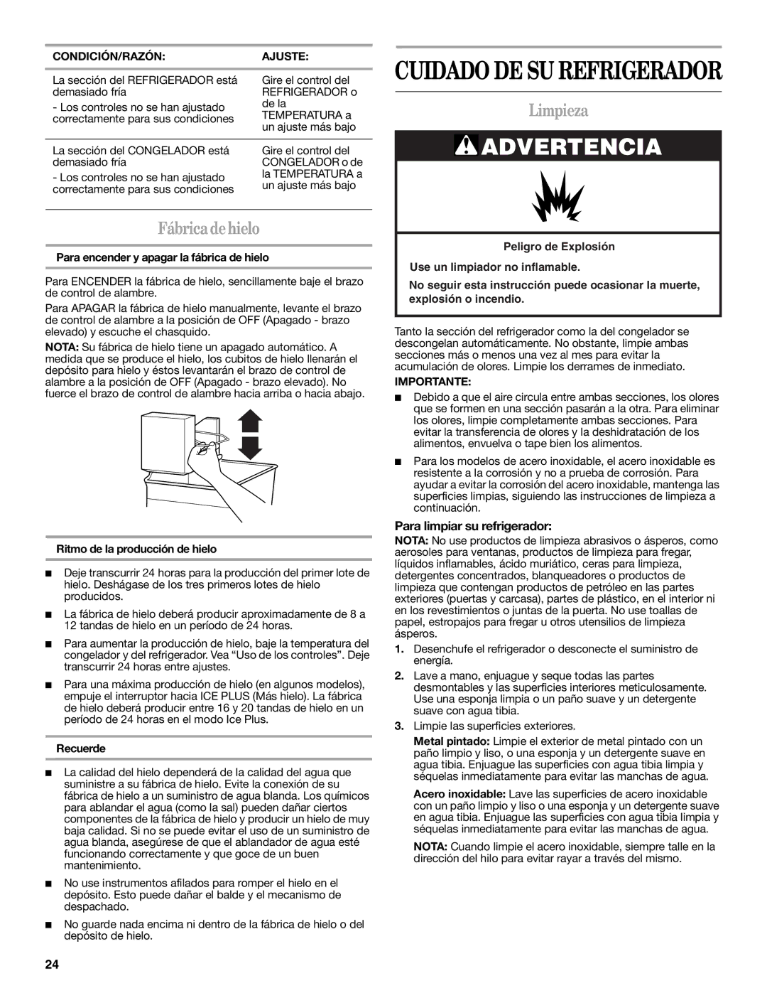 Amana W10214254A installation instructions Fábrica de hielo, Limpieza, Para limpiar su refrigerador 