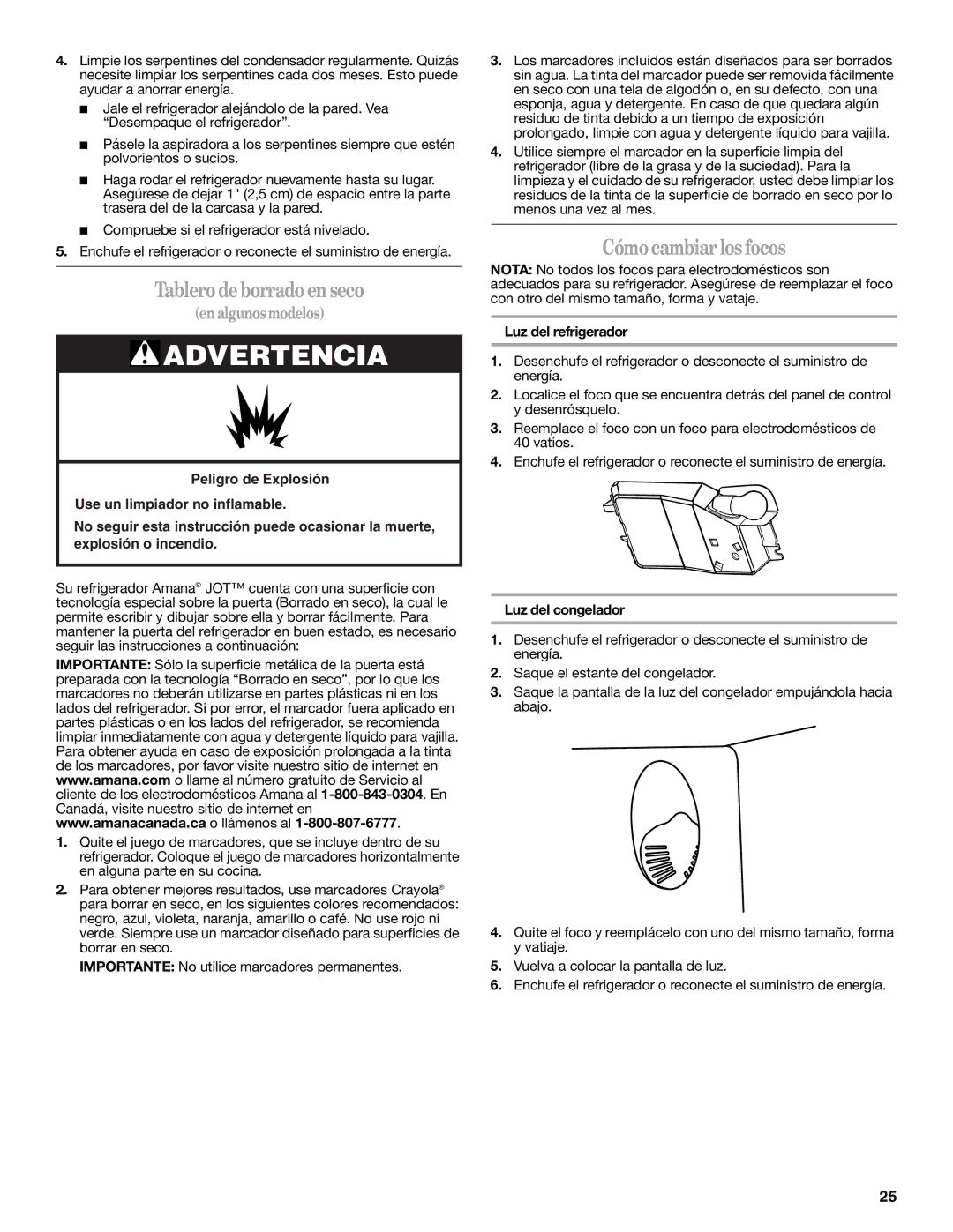 Amana W10214254A Tablero de borrado en seco, Cómo cambiar los focos, Luz del refrigerador, Luz del congelador 