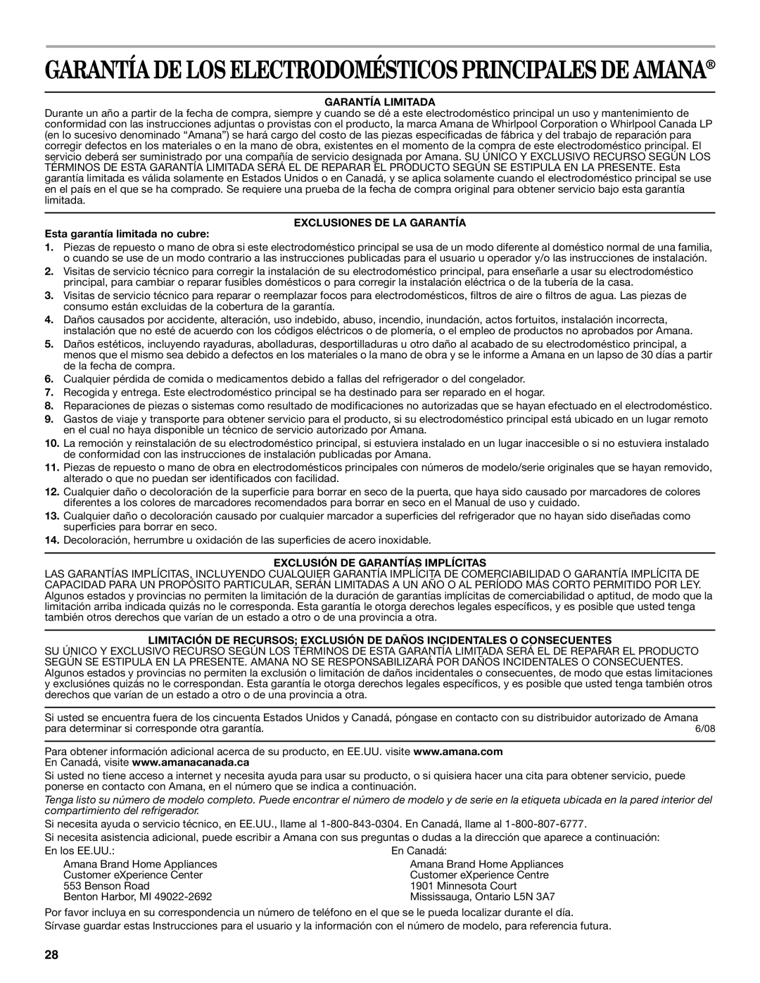 Amana W10214254A installation instructions Garantía Limitada, Exclusiones DE LA Garantía, Esta garantía limitada no cubre 