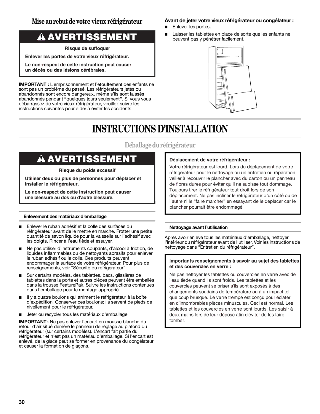 Amana W10214254A Instructions D’INSTALLATION, Déballage duréfrigérateur, Nettoyage avant l’utilisation 