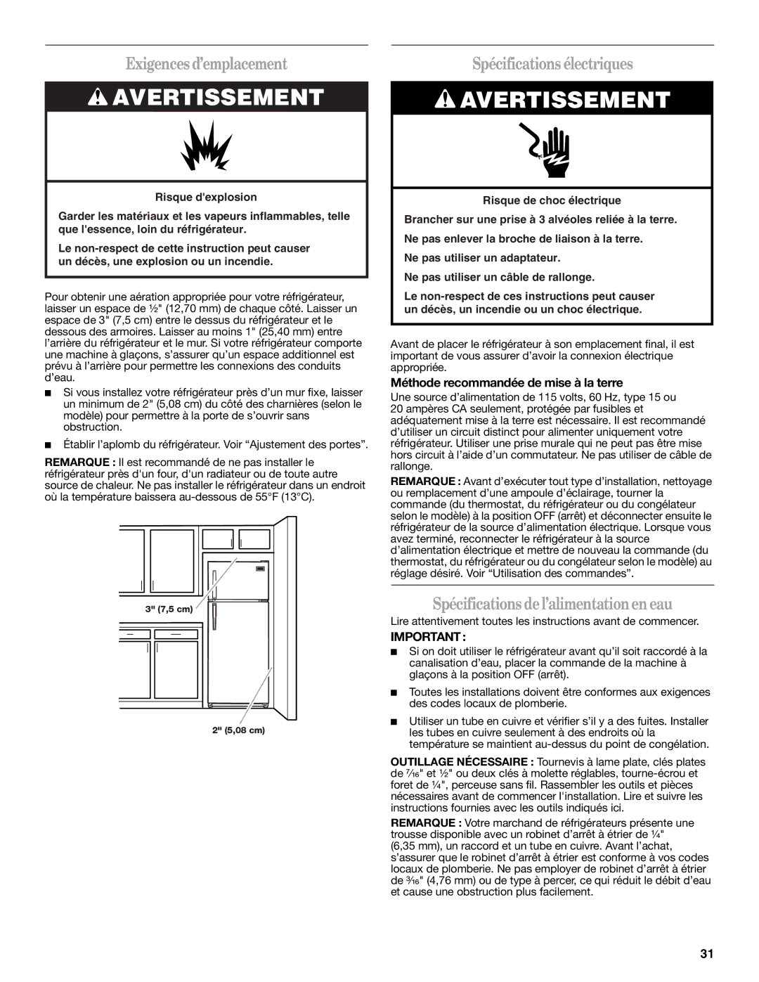 Amana W10214254A Exigences d’emplacement, Spécifications électriques, Spécifications del’alimentationen eau 