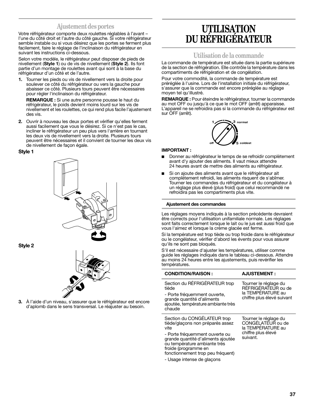 Amana W10214254A Utilisation DU Réfrigérateur, Ajustement desportes, Utilisation de la commande, Ajustement des commandes 