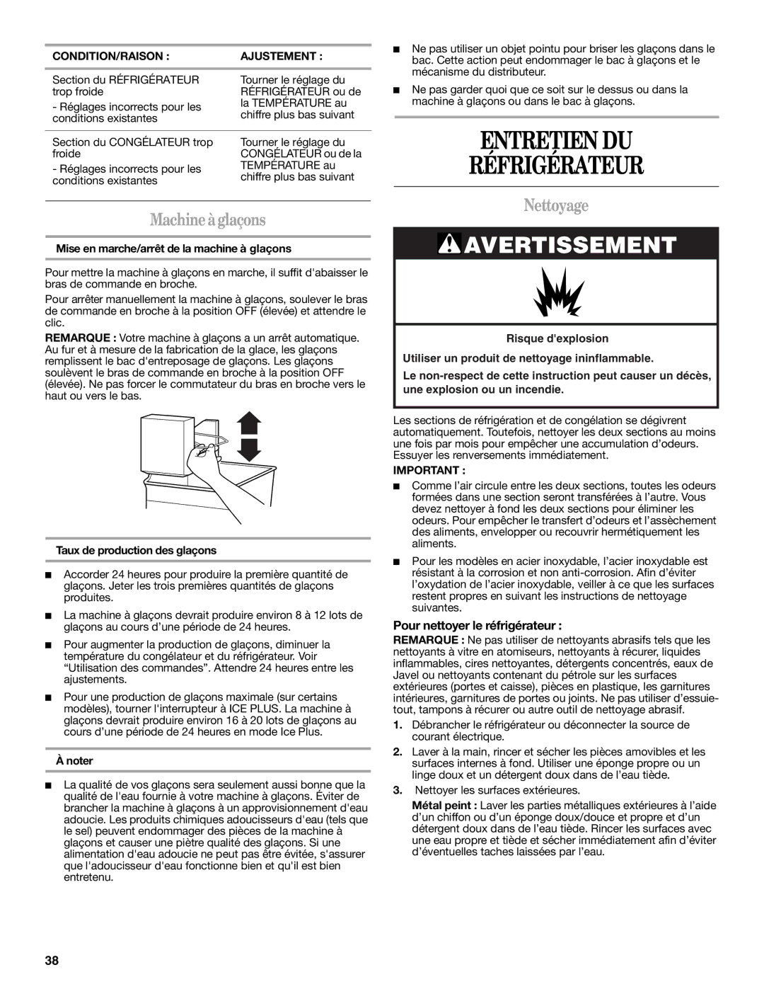 Amana W10214254A Entretien DU Réfrigérateur, Machine à glaçons, Nettoyage, Pour nettoyer le réfrigérateur 