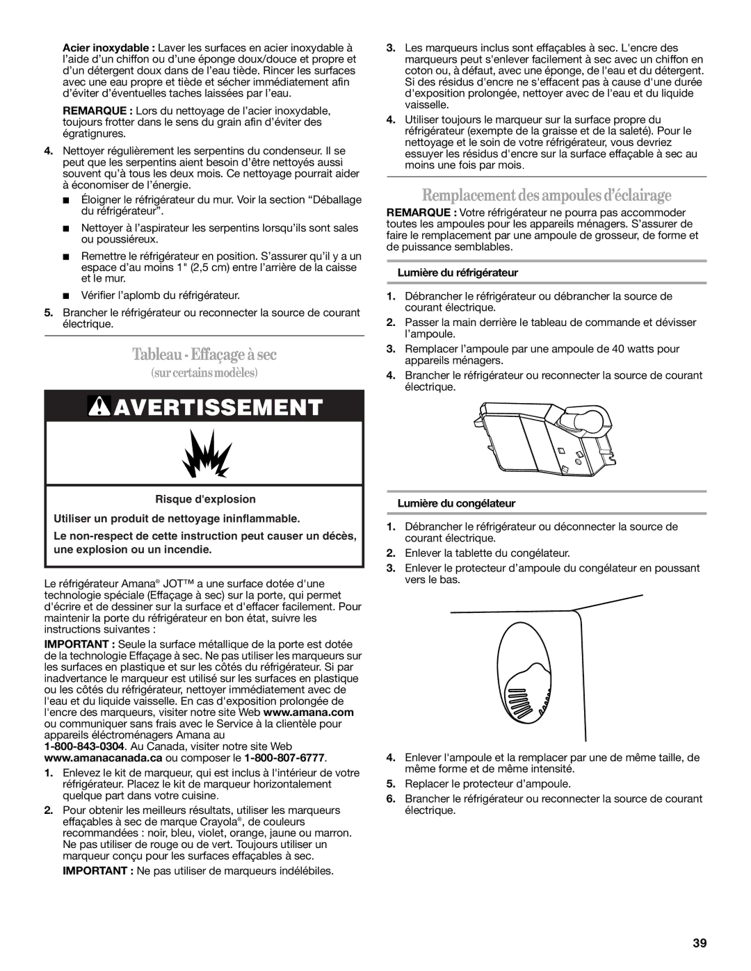 Amana W10214254A Tableau Effaçage à sec, Remplacement des ampoules d’éclairage, Lumière du réfrigérateur 