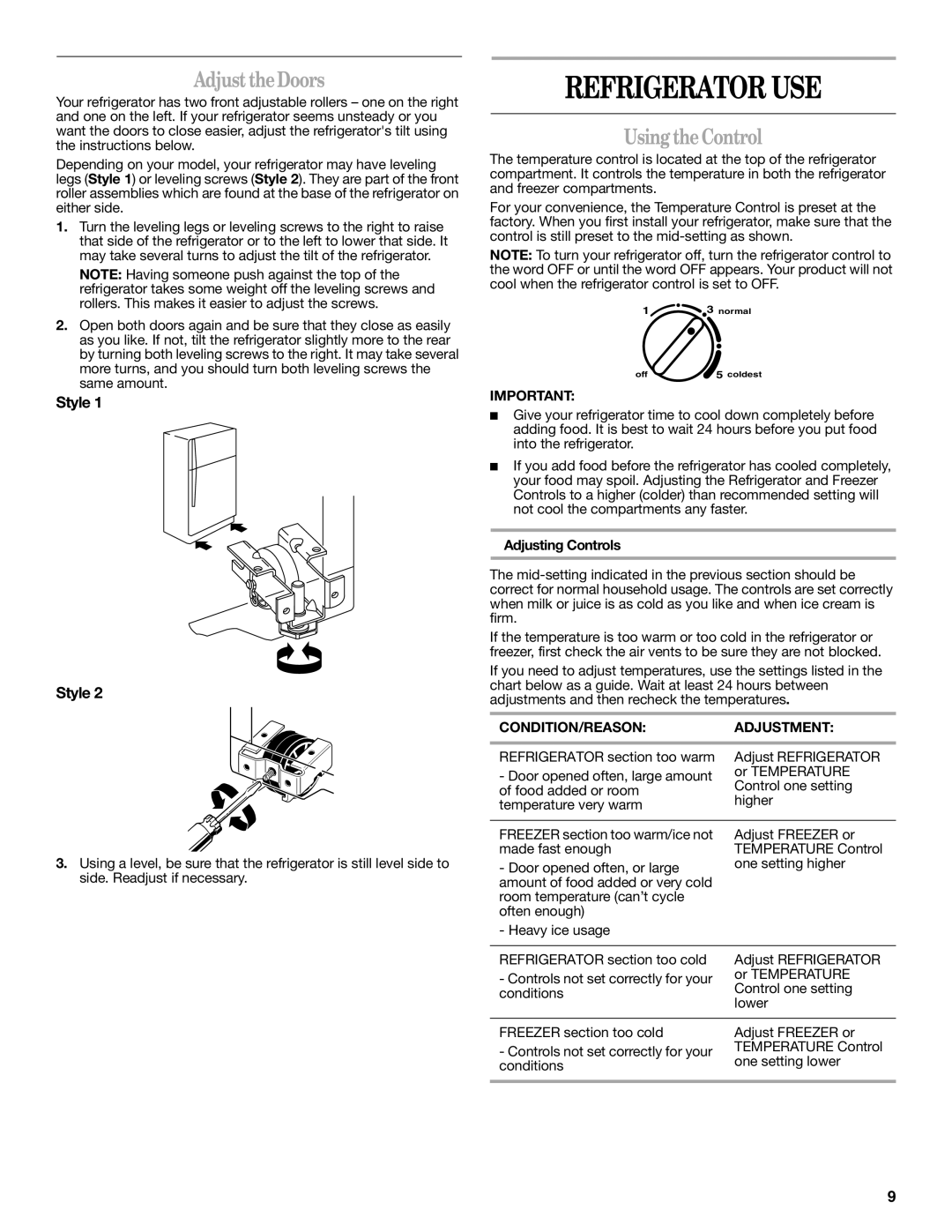 Amana W10214254A Refrigerator USE, Adjust the Doors, Using the Control, Adjusting Controls, CONDITION/REASON Adjustment 