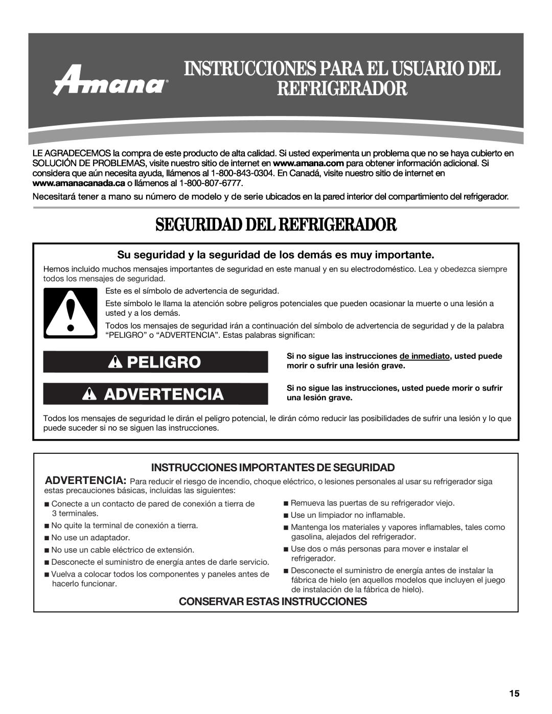 Amana W10214254A Seguridad Del Refrigerador, Instrucciones Para El Usuario Del, Peligro Advertencia 