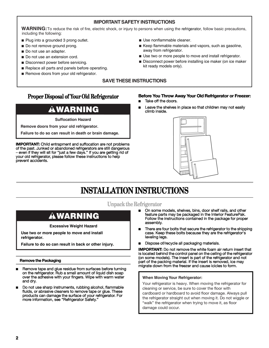 Amana W10214254A Installation Instructions, Unpack the Refrigerator, Important Safety Instructions, Remove the Packaging 
