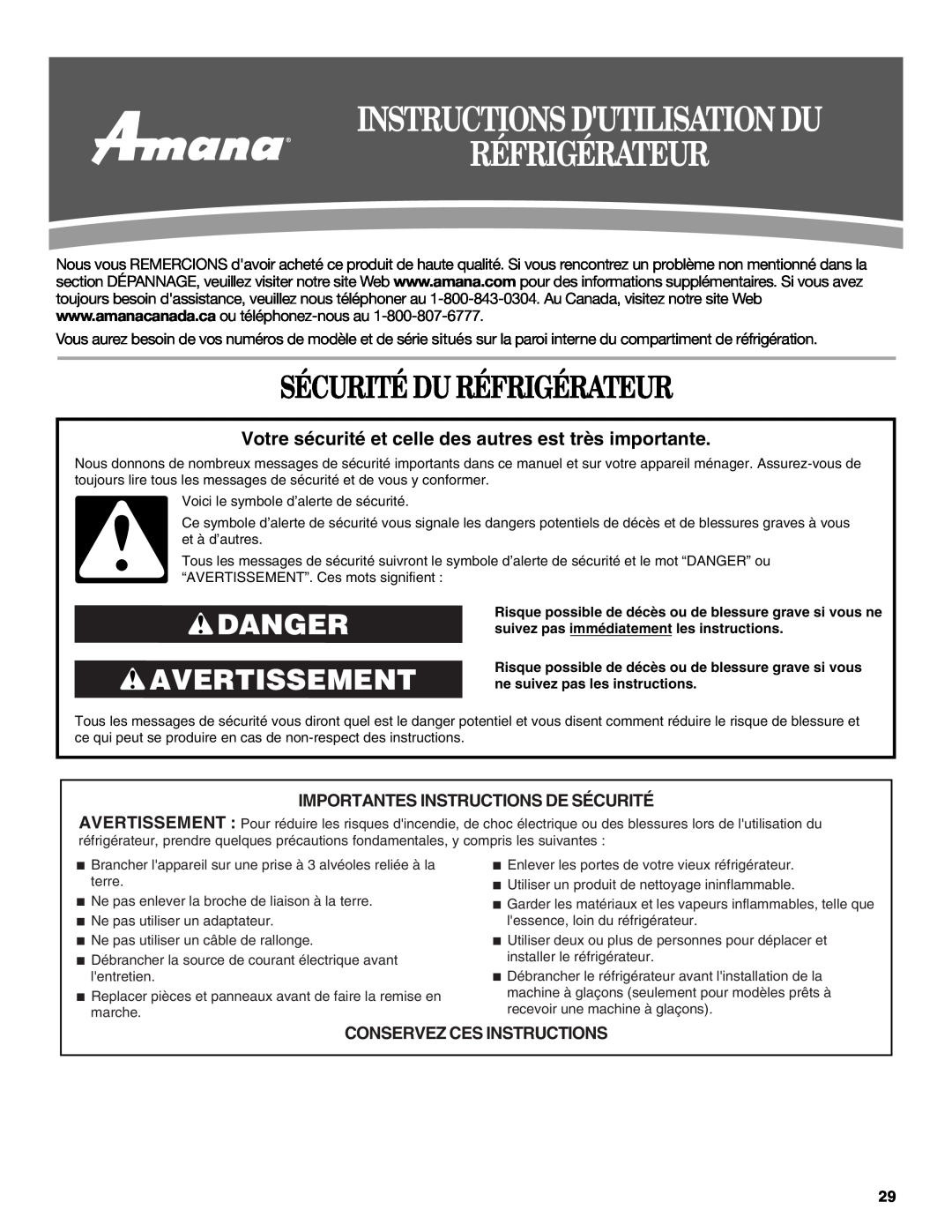 Amana W10214254A Instructions Dutilisation Du Réfrigérateur, Sécurité Du Réfrigérateur, Danger Avertissement 