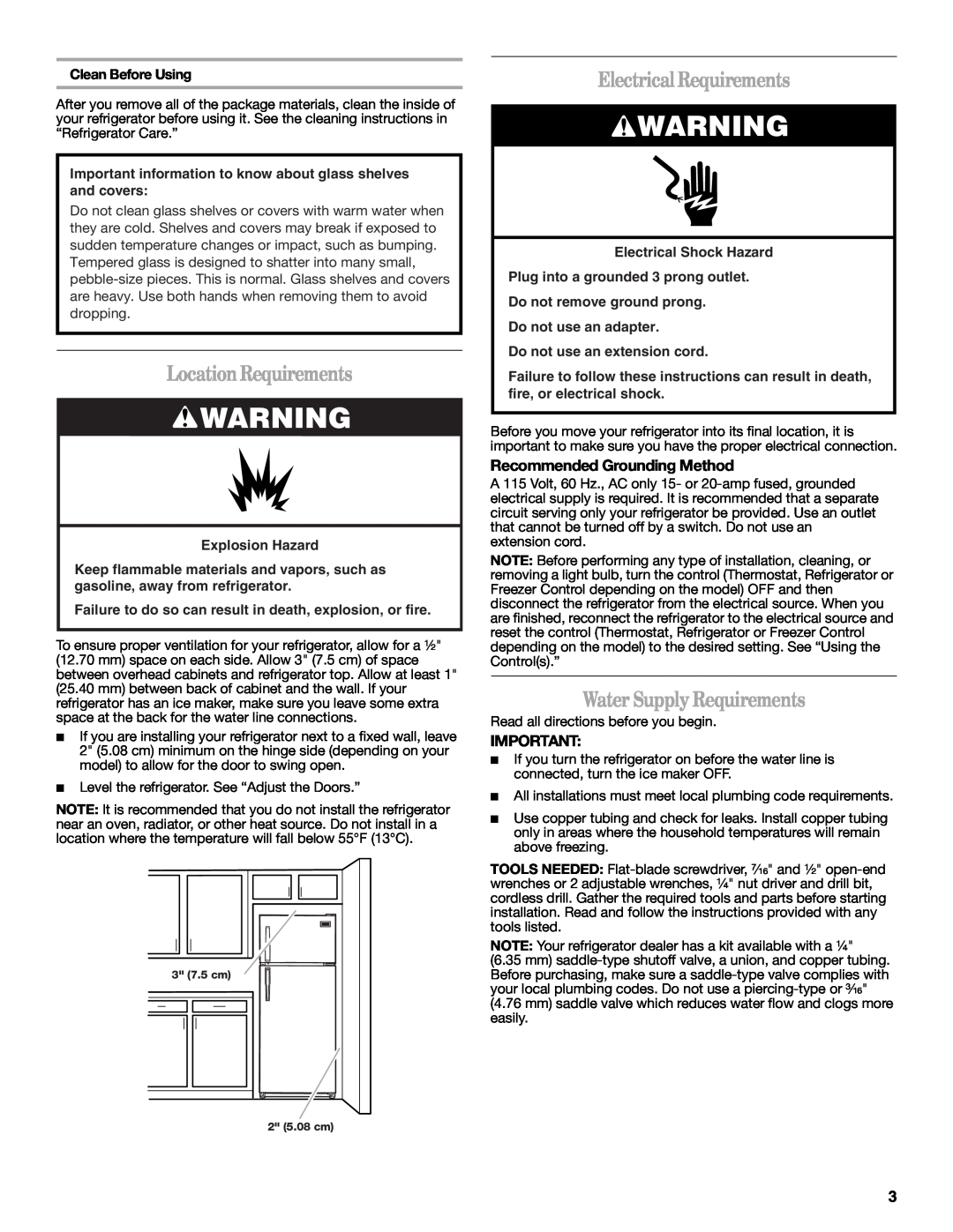 Amana W10214254A LocationRequirements, Electrical Requirements, Water Supply Requirements, Recommended Grounding Method 