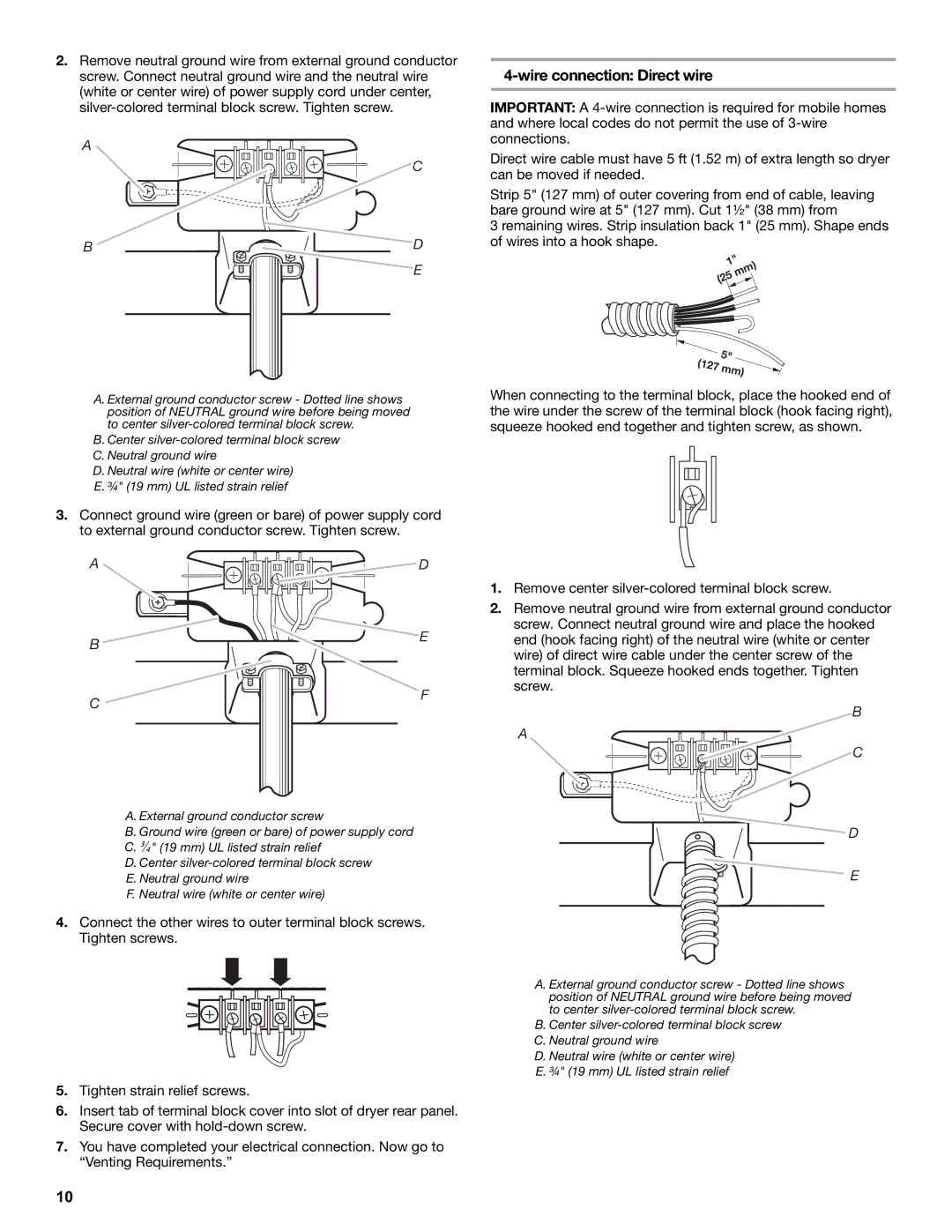 Amana W10216186A manual Wire connection Direct wire, Screw 