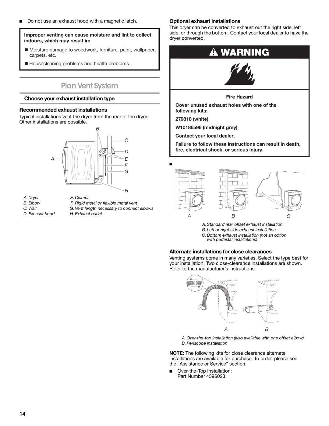 Amana W10216186A manual Plan Vent System, Optional exhaust installations, Alternate installations for close clearances 