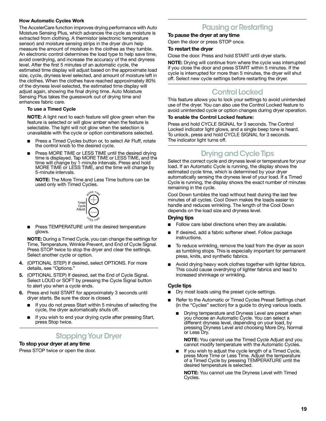 Amana W10216186A manual Stopping Your Dryer, Pausing or Restarting, Control Locked, Drying and Cycle Tips 