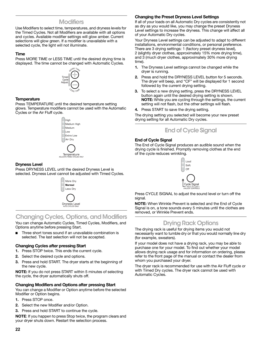 Amana W10216186A manual Changing Cycles, Options, and Modifiers, End of Cycle Signal, Drying Rack Options 