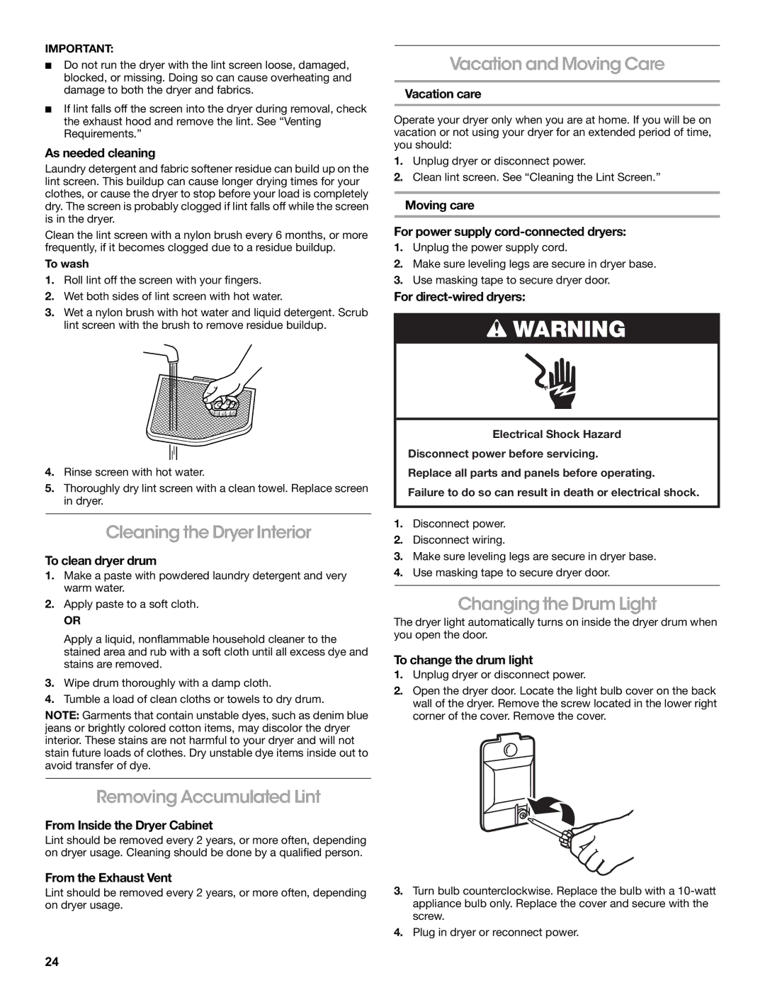 Amana W10216186A Cleaning the Dryer Interior, Removing Accumulated Lint, Vacation and Moving Care, Changing the Drum Light 